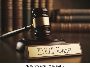 DUI Law Office Desk with Wooden Judge’s Gavel, Gold Nameplate, and Legal Books in Background – Legal Justice Concept