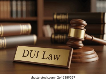DUI Law Office Desk with Wooden Judge’s Gavel, Gold Nameplate, and Legal Books in Background – Legal Justice Concept