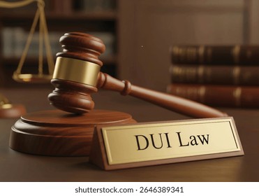 DUI Law Office Desk with Wooden Judge’s Gavel, Gold Nameplate, and Legal Books in Background – Legal Justice Concept