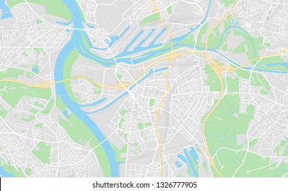 Duisburg, Germany printable street map in classic style colors with all relevant motorways, roads and railways. Use this map for any kind of digital info graphics and print publication.