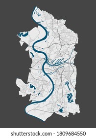 Duisburg map. Detailed map of Duisburg city administrative area. Royalty free vector illustration. Linear outline map with highways, streets, rivers. Tourist decorative street map.