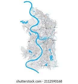 Duisburg, North Rhine-Westphalia, Germany high resolution vector map with city boundaries and editable paths. White outlines for main roads. Many detailed paths. Blue shapes and lines for water.