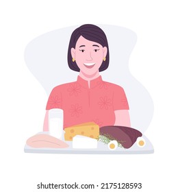 Dukan diet isolated cartoon vector illustrations. Smiling girl holding protein-rich foods tray, successful weight loss diet plan, healthy and organic nutrition, sugar-free meal vector cartoon.