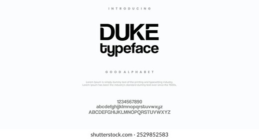 Duke Typeface Creative font. Modern abstract digital tech font. Logo creative font, type, technology, movie, digital, music, movie. Fonts and illustration in vector format.