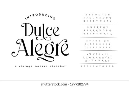 Dulce Alegre: Classic Typography Minimal Fashion Designs. Typeface modern serif fonts and numbers. Elegant stylish alphabet letters font, ligatures, and number. 