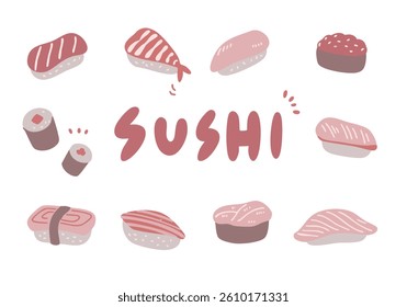 Dull color sushi illustration set