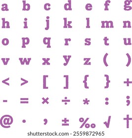 Dull purple grazed lowercase alphabet and symbols