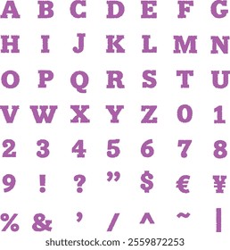 Dull purple grazed uppercase alphabet, numbers and symbols