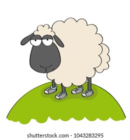 Dull sheep in shoes, standing on the hill and looking stupid - original hand drawn funny cartoon illustration