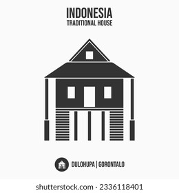 dulohupa, simple eps art grey bw black white flat house home from gorontalo, local area in indonesia asia. icon old ancestral cultural heritage building, different culture each region