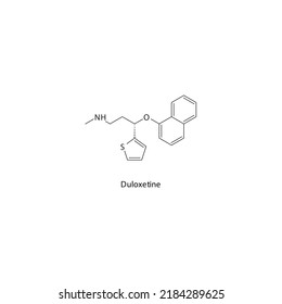 Duloxetine molecule flat skeletal structure, SNRI - Serotonin norepinephrine reuptake inhibitor class drug used in depression, fibromyalgia, neuropathic pain. Vector illustration on white background.