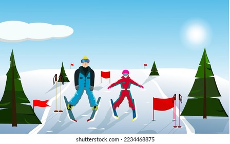 dult coach child learns to ski. Forest and snow in the background. The concept of sports and exercise. Export graphic illustration