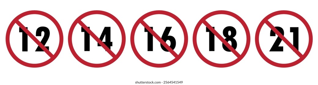 dults content only age restriction 12, 14, 16, 18, 21 plus years old icon signs set