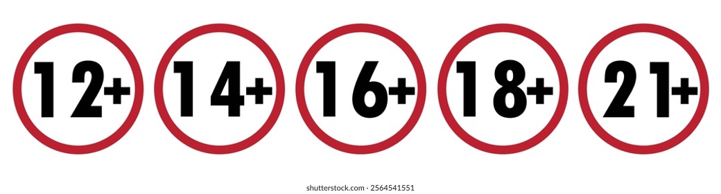 dults content only age restriction 12, 14, 16, 18, 21 plus years old icon signs set