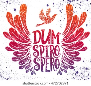 Dum Spiro Spero lettering design - While I breathe, I hope. Unique creative hand drawn lettering design. Typographic poster or tattoo illustration. Popular Latin phrase. For print, home decor.