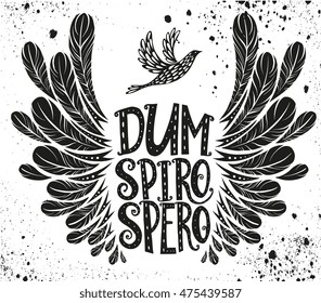 Dum Spiro Spero lettering design - While I breathe, I hope. Unique creative hand drawn lettering design. Typographic poster or tattoo illustration. Popular Latin phrase. For print, home decor.