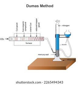 Método Dumas , método primario para la determinación cuantitativa del nitrógeno en sustancias químicas, descrito por Dumas en 1826, método analítico, ilustración química.