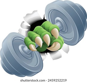 A dumb bell gym weight sports illustration of an eagle or animal monster hand holding dumbbell 