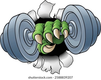 A dumb bell gym weight sports illustration of an eagle or animal monster hand holding dumbbell 