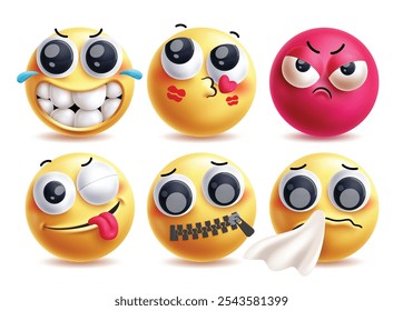 Dumb emoji clipart vector characters set. 3d emojis facial expressions like happy, kiss mark, angry, naughty, quiet and sneezing yellow clip art character in white background. Vector illustration 