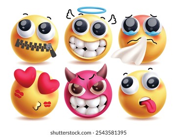 Conjunto de personajes de Vector de emoji tonto. Emojis 3D como quieto, ángel, estornudando, enamorado, diablo y cansado personaje de arte de Clip de expresión facial en fondo blanco. Ilustración vectorial colección de emojis tontos 