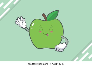 DUMB, FUNNY, TONGUE, cheerful Face Emotion. Waving Hand Gesture. Green Apple Mascot Illustration.