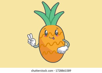 DUMB, FUNNY, TONGUE, cheerful Face Emotion. Peace Hand Gesture. Pineapple Fruit Cartoon Drawn Mascot Illustration.