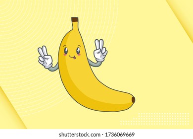 DUMB, FUNNY, TONGUE, cheerful Face Emotion. Double Peace Hand Gesture. Banana Fruit Cartoon Drawing Mascot Illustration.