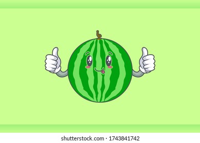 DUMB, FUNNY, TONGUE, cheerful Face Emotion. Double Thumb Up Hand Gesture. Watermelon Fruit Cartoon Drawing Mascot Illustration.