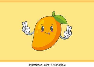 DUMB, FUNNY, TONGUE, cheerful Face Emotion. Double Peace Hand Gesture. Yellow Mango Fruit Cartoon Drawing Mascot Illustration.