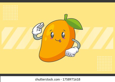 DUMB, FUNNY, TONGUE, cheerful Face Emotion. Salute Hand Gesture. Yellow Mango Fruit Cartoon Drawing Mascot Illustration.