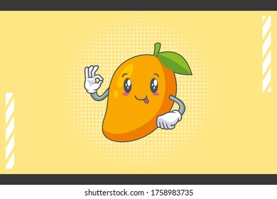 DUMB, FUNNY, TONGUE, cheerful Face Emotion. OK Nice Hand Gesture. Yellow Mango Fruit Cartoon Drawing Mascot Illustration.
