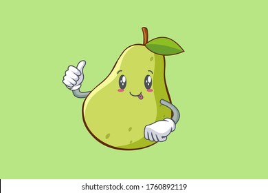 DUMB, FUNNY, TONGUE, cheerful Face Emotion. Thumb Up Hand Gesture. Green Pear Fruit Cartoon Drawing Mascot Illustration.