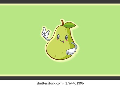 DUMB, FUNNY, TONGUE, cheerful Face Emotion. Forefinger Hand Gesture. Green Pear Fruit Cartoon Drawing Mascot Illustration.