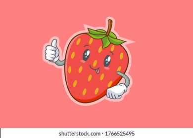 DUMB, FUNNY, TONGUE, cheerful Face Emotion. Thumb Up Hand Gesture. Red Strawberry Fruit Cartoon Drawing Mascot Illustration.