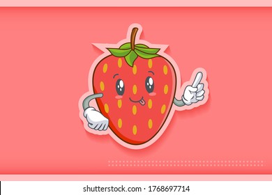 DUMB, FUNNY, TONGUE, cheerful Face Emotion. Forefinger Hand Gesture. Red Strawberry Fruit Cartoon Drawing Mascot Illustration.