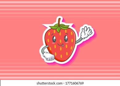 DUMB, FUNNY, TONGUE, cheerful Face Emotion. Waving Hand Gesture. Red Strawberry Fruit Cartoon Drawing Mascot Illustration.