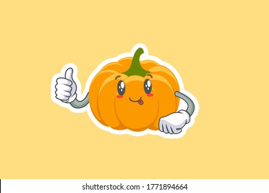 DUMB, FUNNY, TONGUE, cheerful Face Emotion. Thumb Up Hand Gesture. Yellow, Orange Pumpkin Fruit Cartoon Drawing Mascot Illustration.