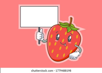 DUMB, FUNNY, TONGUE, CHEERFUL Face Emotion. Holding Whiteboard Hand Gesture. Red Strawberry Fruit Cartoon Drawing Mascot Illustration.
