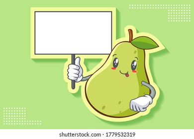 DUMB, FUNNY, TONGUE, CHEERFUL Face Emotion. Holding Whiteboard Hand Gesture. Green Pear Fruit Cartoon Drawing Mascot Illustration.