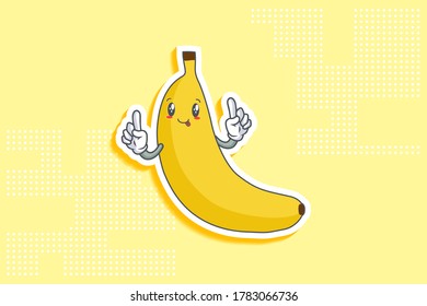 DUMB, FUNNY, TONGUE, CHEERFUL Face Emotion. Double Forefinger Hand Gesture. Banana Fruit Cartoon Drawing Mascot Illustration.