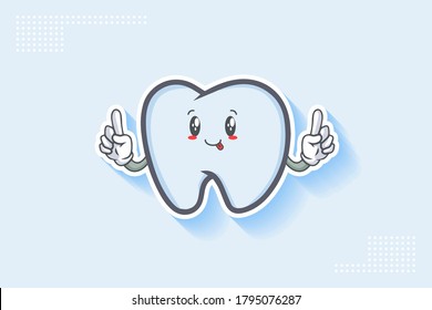 DUMB, FUNNY, TONGUE, CHEERFUL Face Emotion. Double forefinger Hand Gesture. Tooth Cartoon Drawing Mascot Illustration.