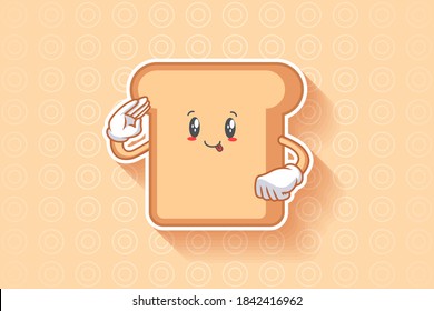 DUMB, FUNNY, TONGUE, CHEERFUL Face Emotion. Salute, Respect Hand Gesture. Bread Food Cartoon Drawing Mascot Illustration.