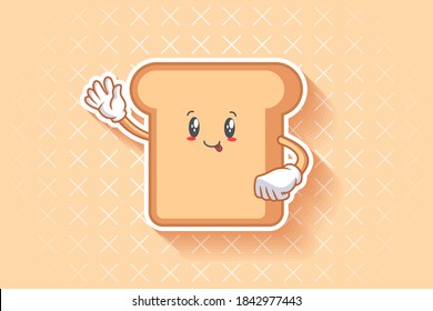 DUMB, FUNNY, TONGUE, CHEERFUL Face Emotion. Waving Hand Gesture. Bread Food Cartoon Drawing Mascot Illustration.