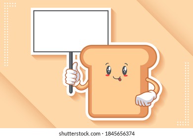 DUMB, FUNNY, TONGUE, CHEERFUL Face Emotion. Holding Whiteboard Gesture. Bread Food Cartoon Drawing Mascot Illustration.