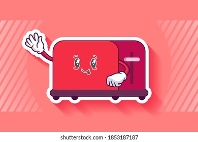 DUMB, FUNNY, TONGUE, CHEERFUL Face Emotion. Waving Hand Gesture. Toaster Cartoon Drawing Mascot Illustration.