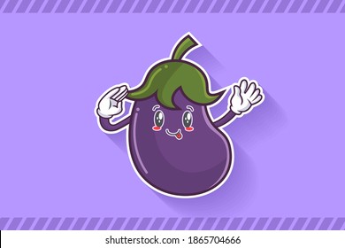DUMB, FUNNY, TONGUE, CHEERFUL Face Emotion. Salute, Respect Hand Gesture. Eggplant vegetable Cartoon Drawing Mascot Illustration.