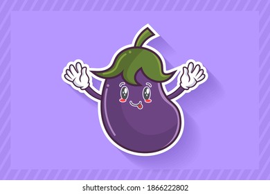 DUMB, FUNNY, TONGUE, CHEERFUL Face Emotion. Waving Hand Gesture. Eggplant vegetable Cartoon Drawing Mascot Illustration.