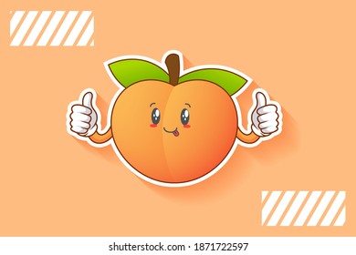 DUMB, FUNNY, TONGUE, CHEERFUL Face Emotion. Double Thumb Up Finger Hand Gesture. Peach Fruit Cartoon Drawing Mascot Illustration.