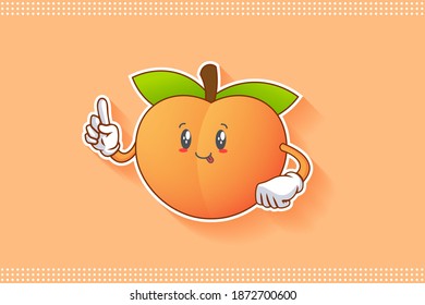 DUMB, FUNNY, TONGUE, CHEERFUL Face Emotion. Forefinger Hand Gesture. Peach Fruit Cartoon Drawing Mascot Illustration.